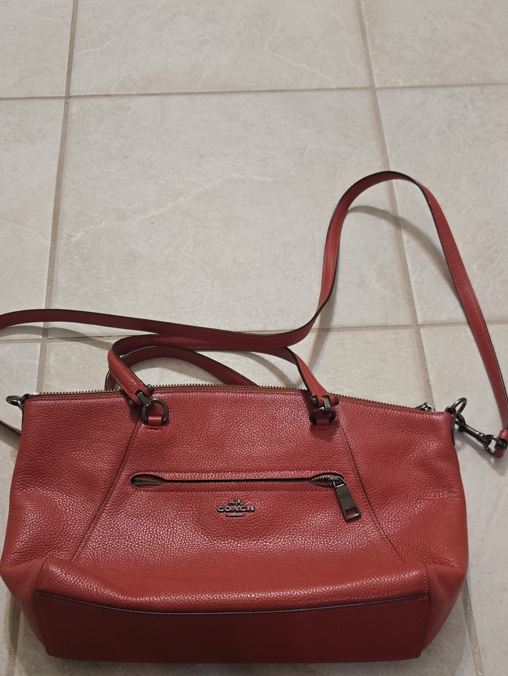 Coach Pebbled Leather Satchel - Coral Red